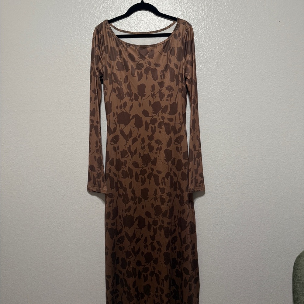 Elegant Brown Floral Long Sleeve Dress